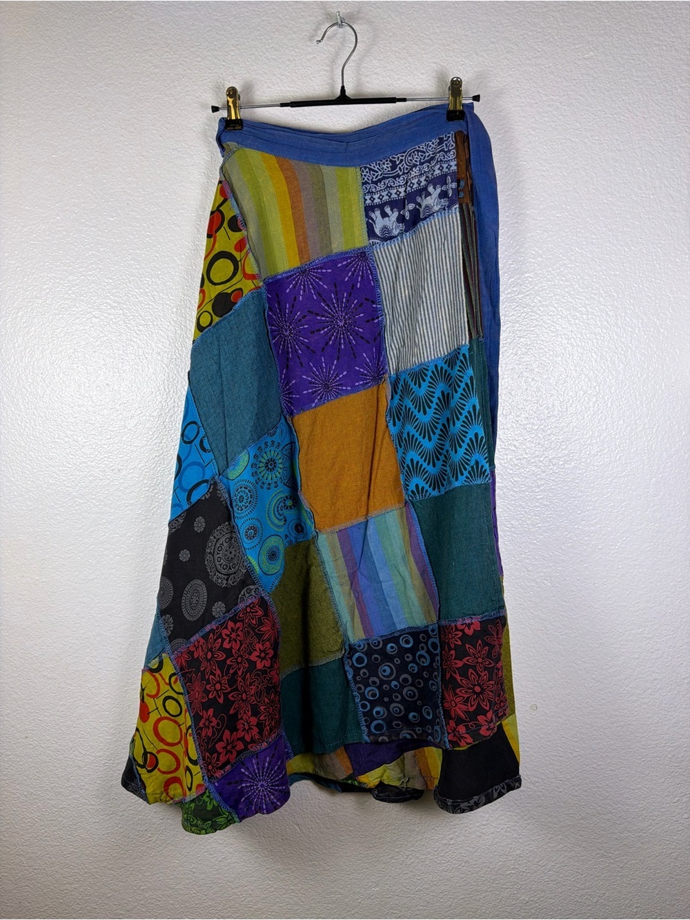Agan Traders Blue Multicolor Patchwork Cotton Long Wrap Skirt Tie Size XXL - Picture 3 of 12